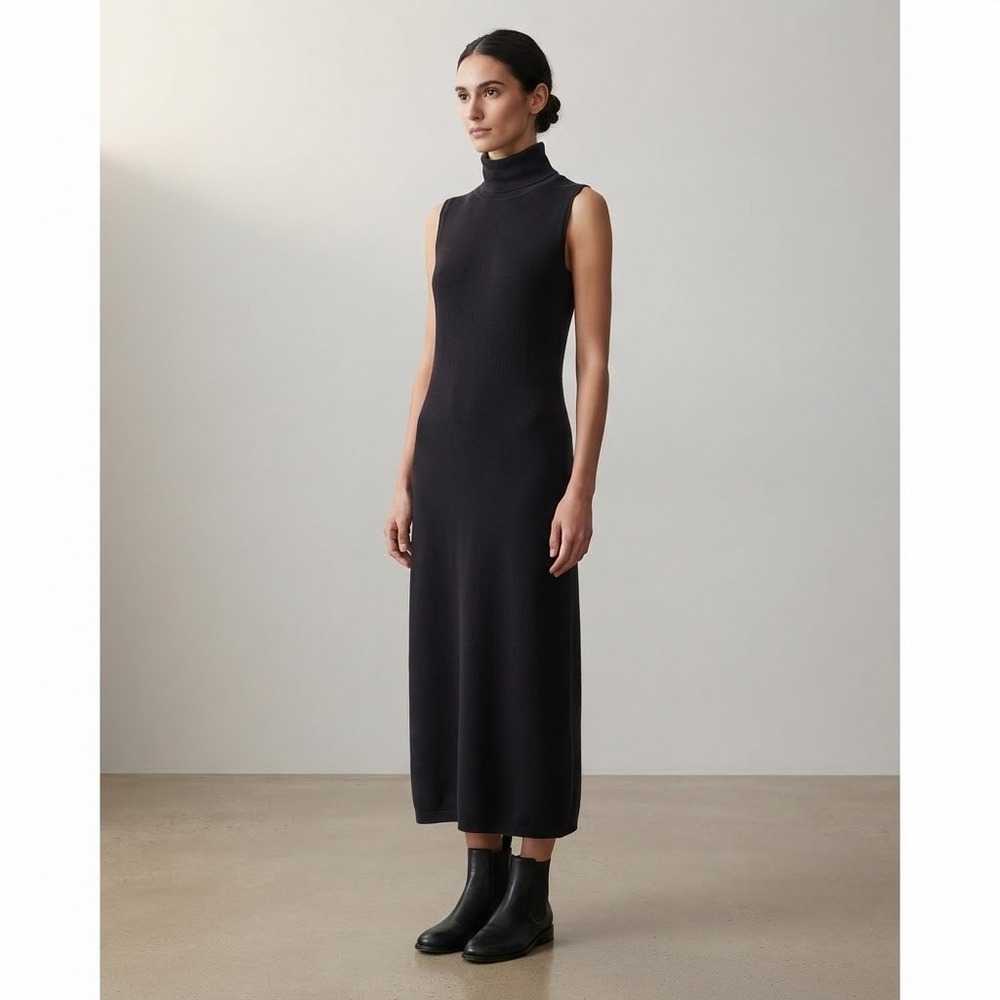 Peruvian Connection Pima Cotton Black Sleeveless Mock Neck Knit Midi Dress XS